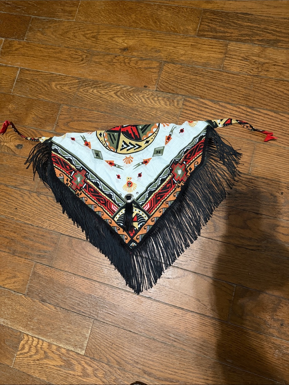 Fringed Tribal Print Triangle Scarf - Black, Red, Cream